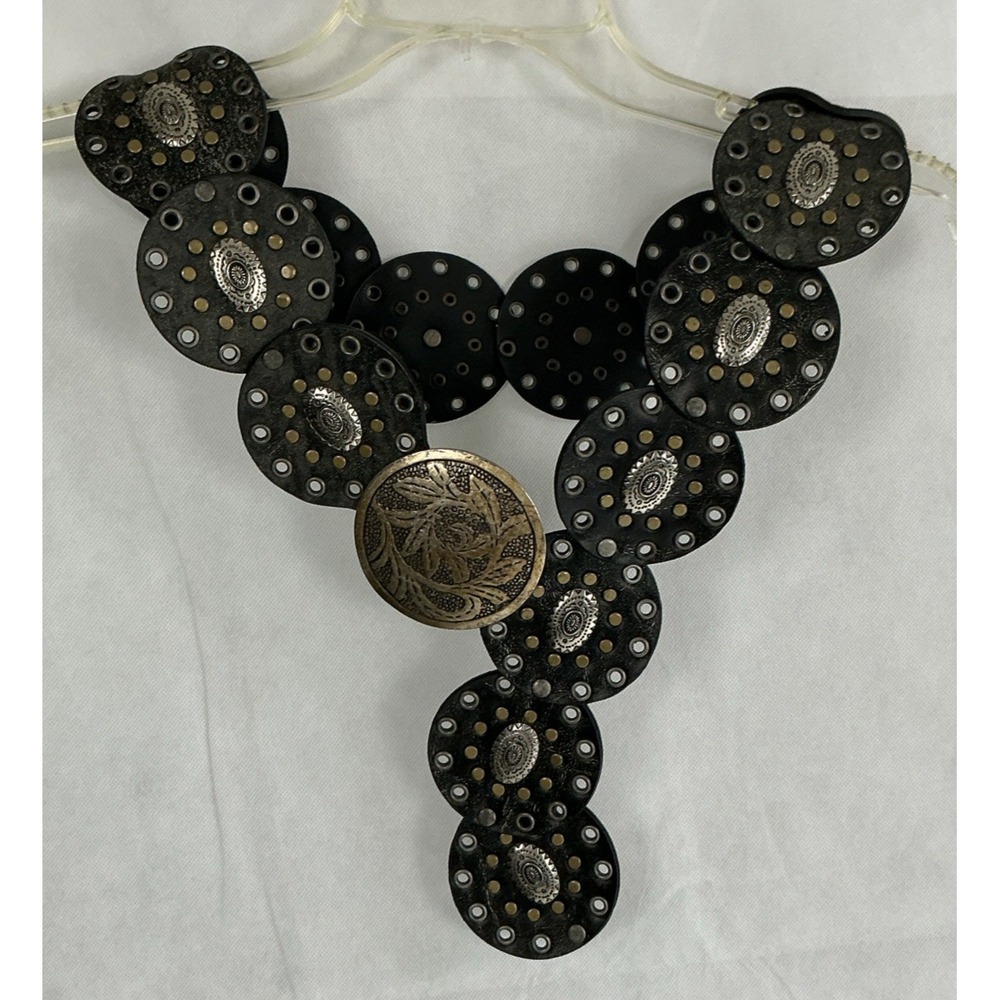 Vintage Boho Western Disc Belt Black Leather Look Concho Brass Tone 44"